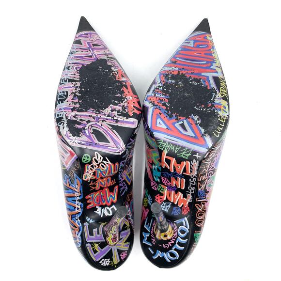 Balenciaga Graffiti Knife Pumps Black Leather Heels Pointed Sz 37.5 / 7.5 US‎ - Picture 10 of 12
